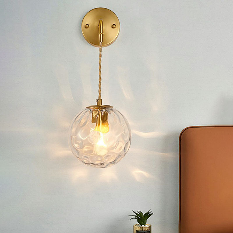 Minimalist Single-Bulb Wall Light Fixture Gold Ball Sconce with Hammered Glass Shade