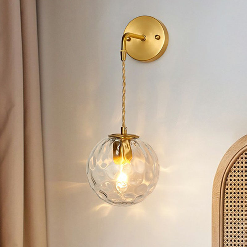 Minimalist Single-Bulb Wall Light Fixture Gold Ball Sconce with Hammered Glass Shade