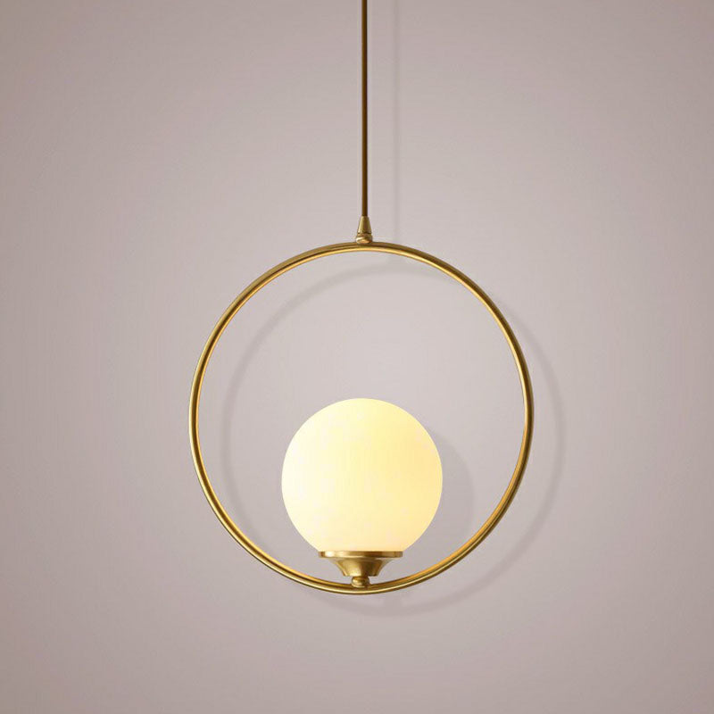 Antiqued Gold Ball Shaped Ceiling Lamp Minimalist 1 Bulb Cream Glass Suspension Light with Ring Decoration