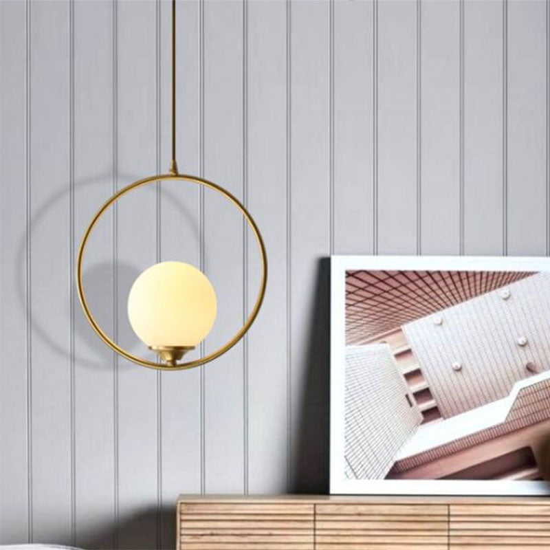Antiqued Gold Ball Shaped Ceiling Lamp Minimalist 1 Bulb Cream Glass Suspension Light with Ring Decoration
