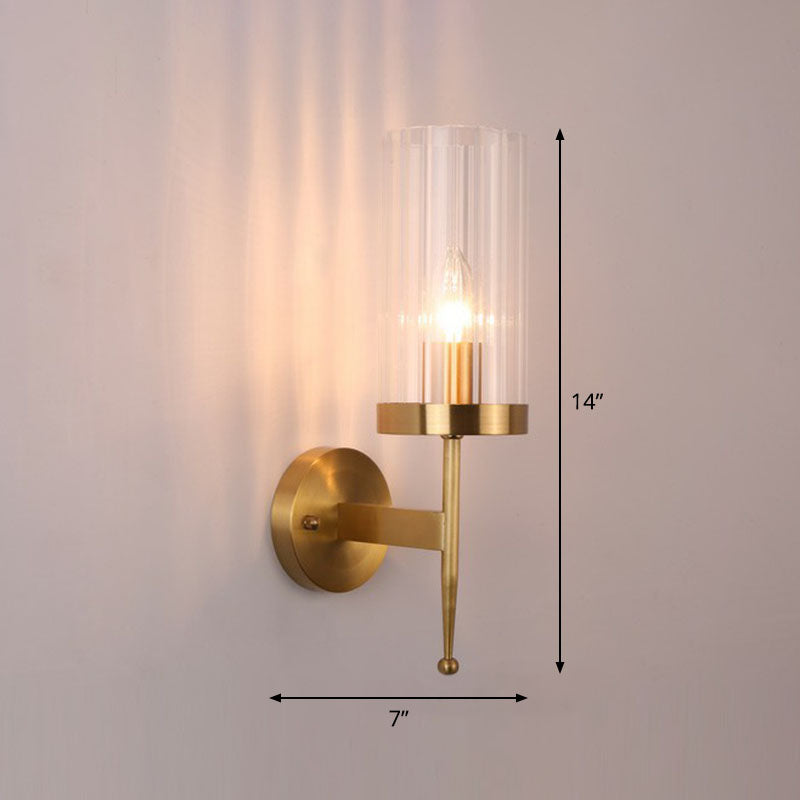 Fluted Glass Cylinder Wall Lamp Post-Modern 1 Head Gold Finish Sconce Light for Living Room