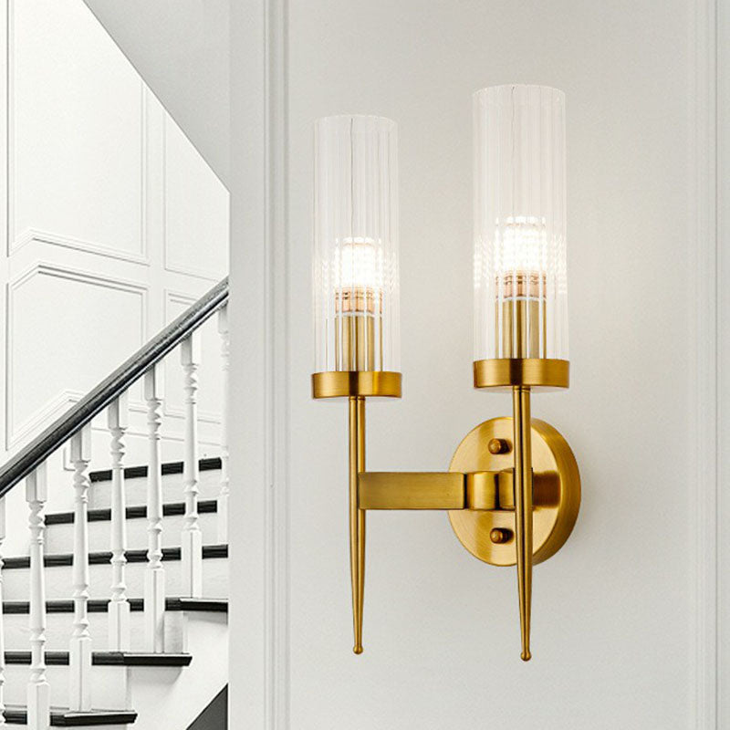 Cylindrical Stairs Wall Lighting Ideas Clear Ribbed Glass Postmodern Wall Mount Light in Gold