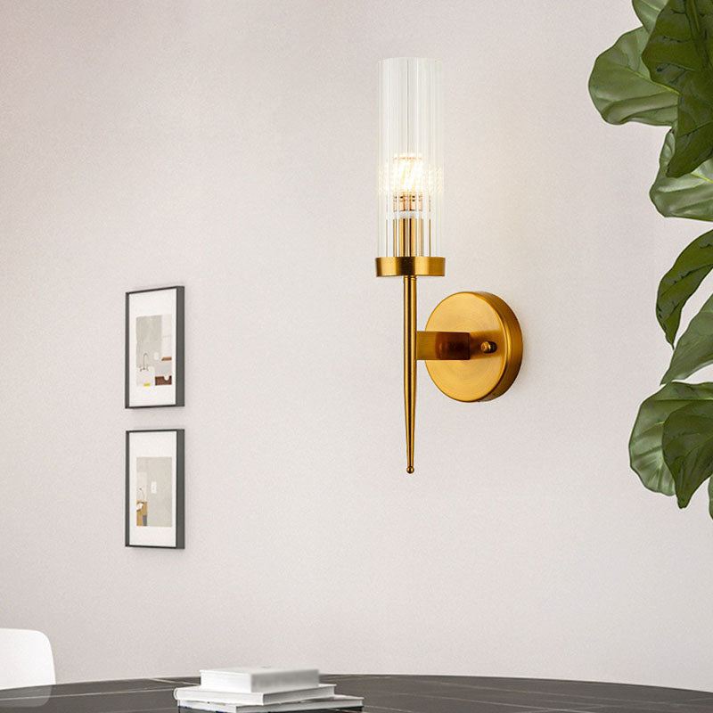 Cylindrical Stairs Wall Lighting Ideas Clear Ribbed Glass Postmodern Wall Mount Light in Gold