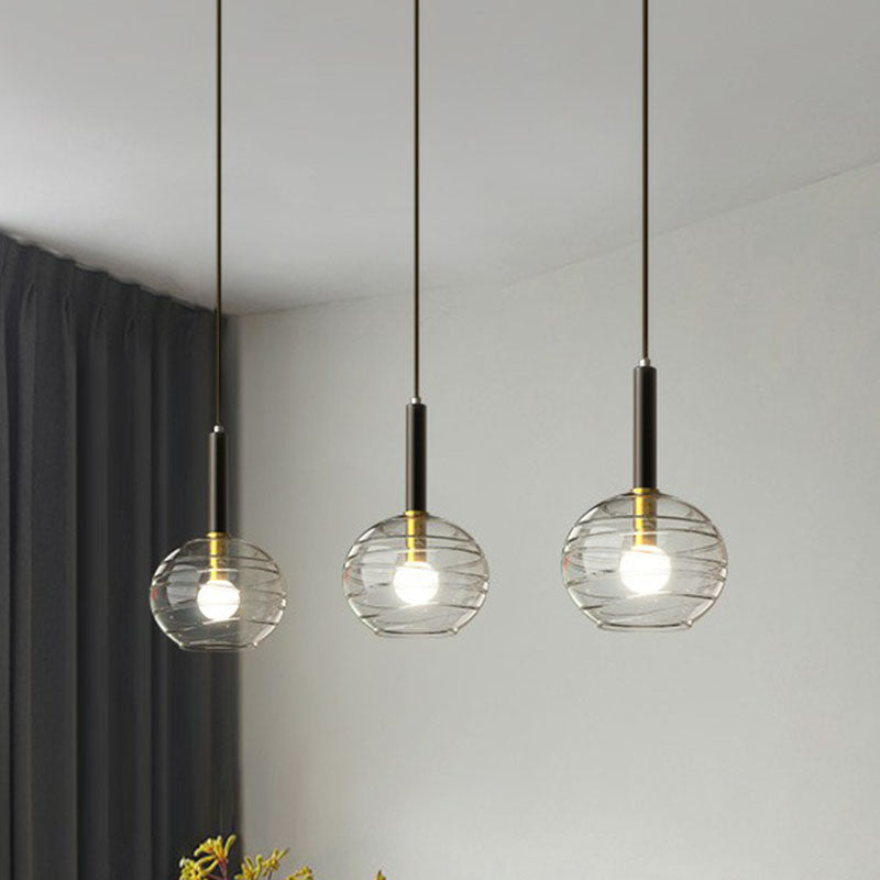 Modern Spherical Hanging Lighting Transparent Textured Glass Single Dining Room Pendant in Black