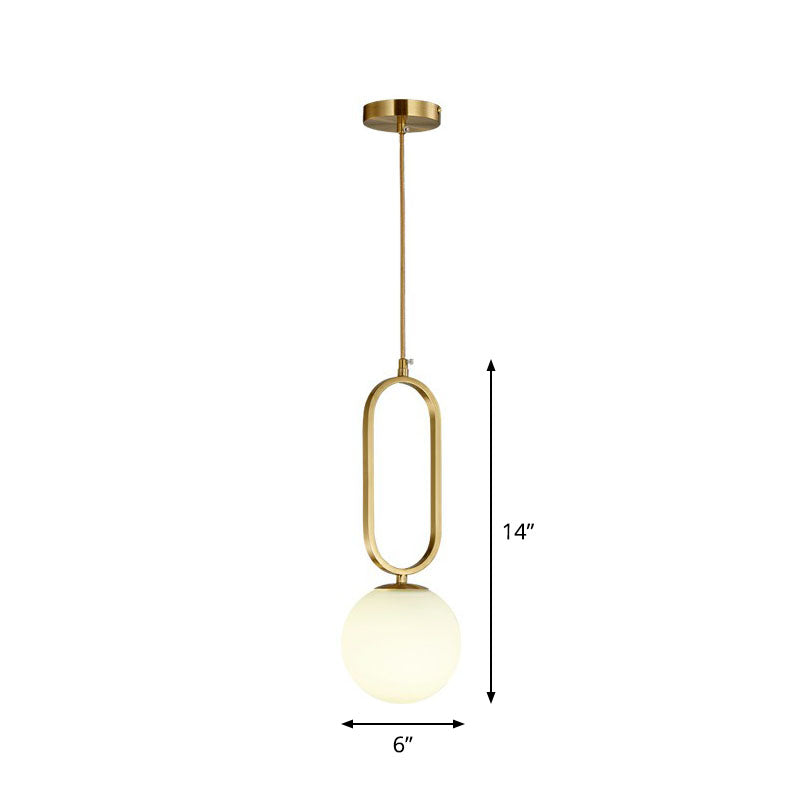 Ball Living Room Suspension Lamp Ivory Glass Single Simple Pendant Light with Oval Ring in Gold
