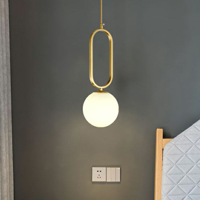 Ball Living Room Suspension Lamp Ivory Glass Single Simple Pendant Light with Oval Ring in Gold