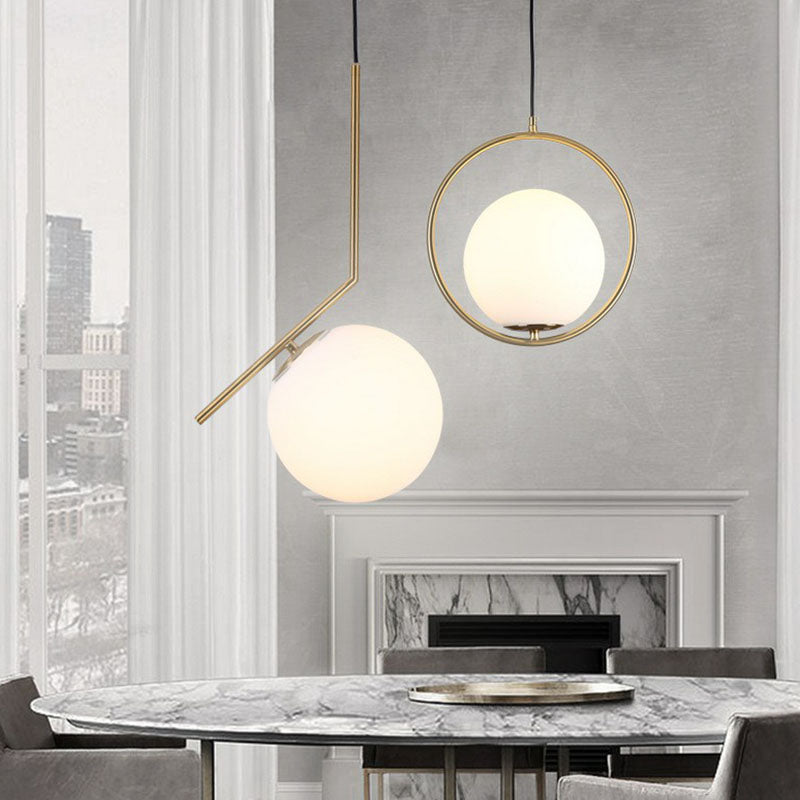 Globe Hanging Lamp Kit Postmodern Style White Glass 1-Head Gold Pendant Light for Restaurant