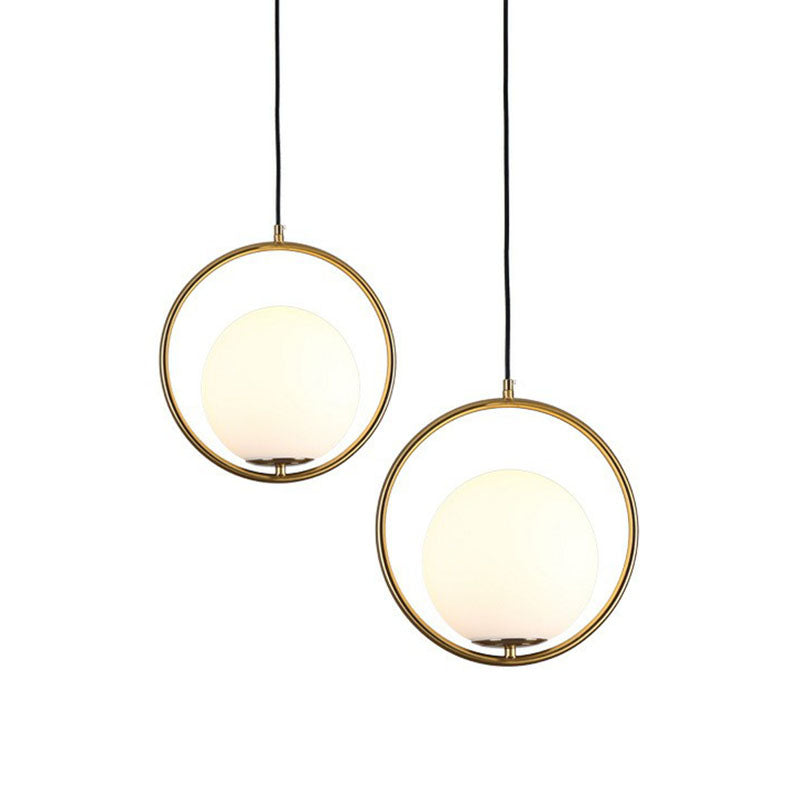 Globe Hanging Lamp Kit Postmodern Style White Glass 1-Head Gold Pendant Light for Restaurant