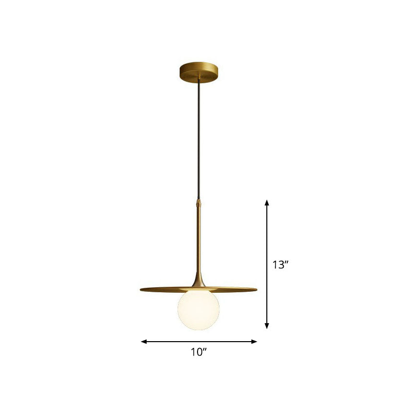 Flat Metallic Ceiling Light Simplicity Single-Bulb Hanging Pendant Lamp with Ball White Glass Shade