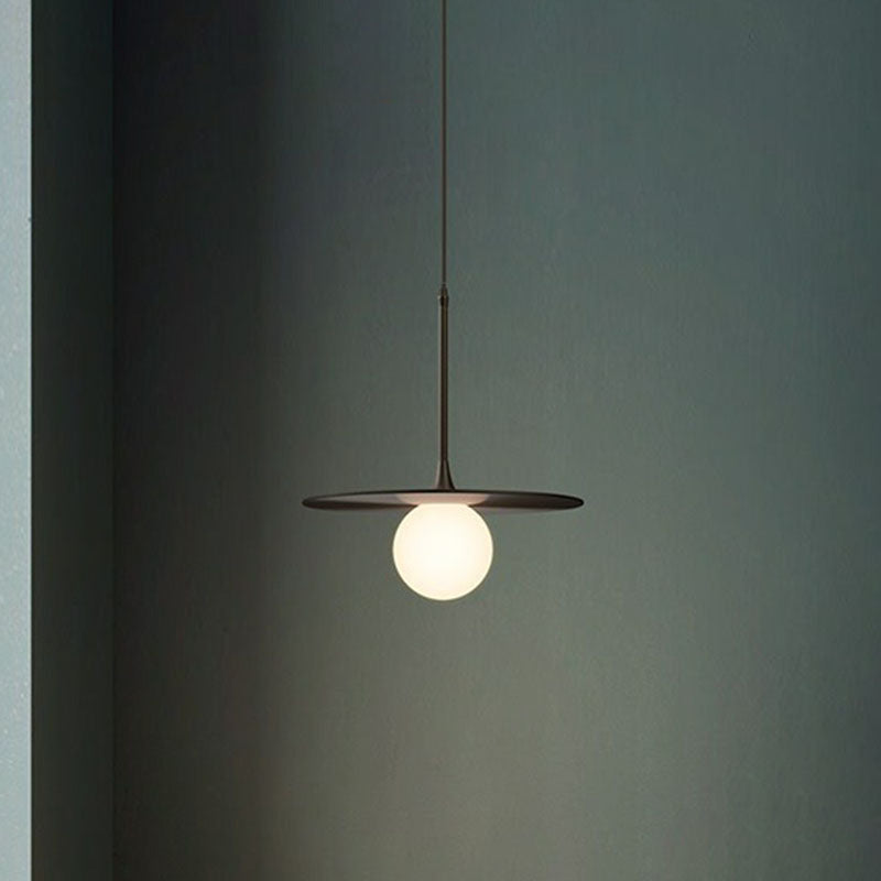 Flat Metallic Ceiling Light Simplicity Single-Bulb Hanging Pendant Lamp with Ball White Glass Shade