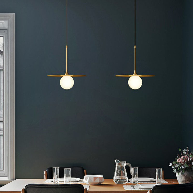 Flat Metallic Ceiling Light Simplicity Single-Bulb Hanging Pendant Lamp with Ball White Glass Shade