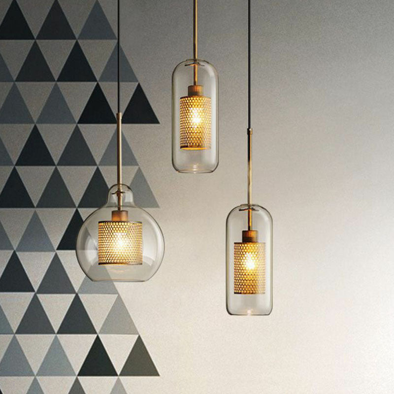 Geometric Clear Glass Pendulum Light Postmodern 1-Light Pendant Lamp with Mesh Guard