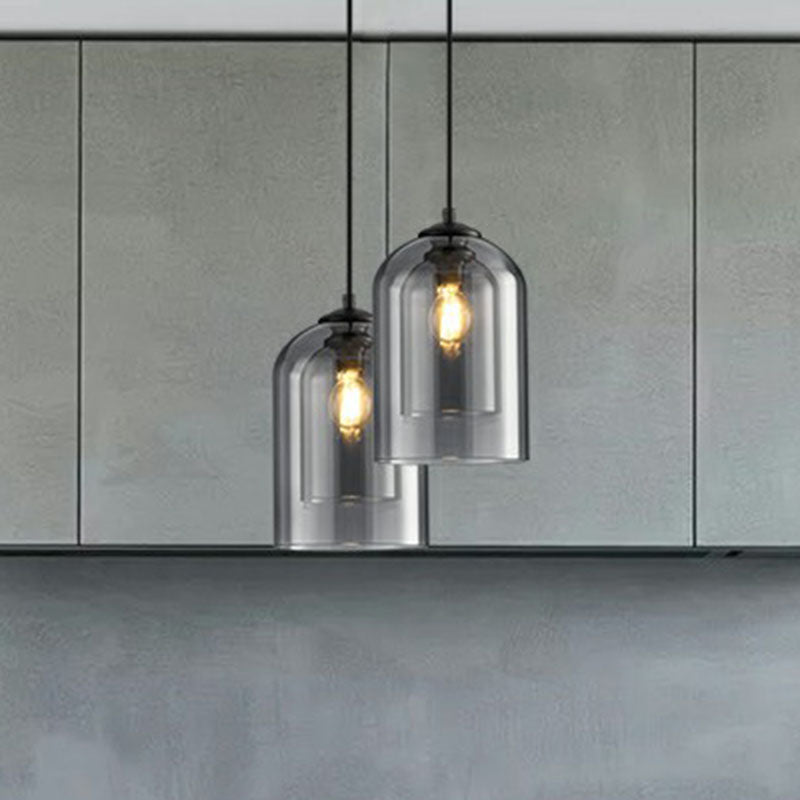 Inverted Cup Dining Room Pendant Light Dual-Glass 1-Light Postmodern Ceiling Hang Lamp