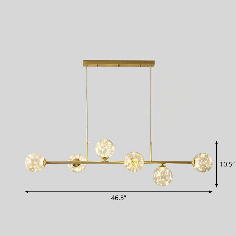 Ligne de salle à manger linéaire lampe métallique 6 lumières pendentif de plafond postmoderne avec une teinte en verre à billes
