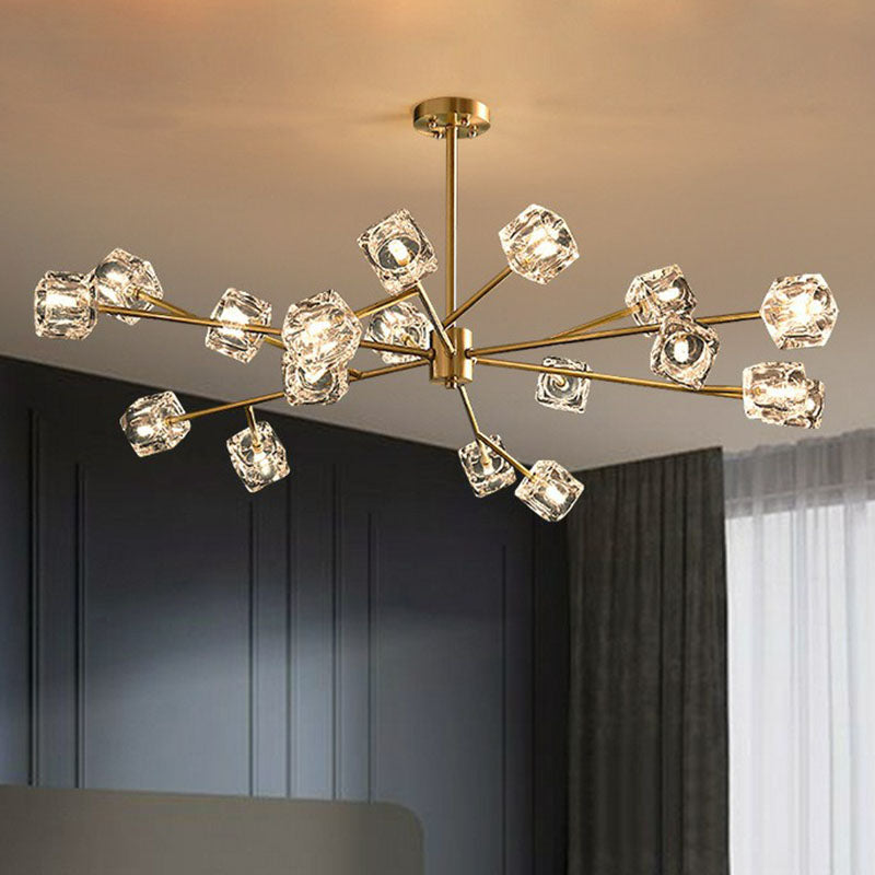 Post-Modern Branch Chandelier Lamp Clear Crystal Cube Living Room Suspension Light in Gold