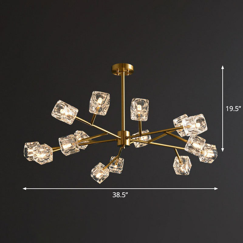Post-Modern Branch Chandelier Lamp Clear Crystal Cube Living Room Suspension Light in Gold