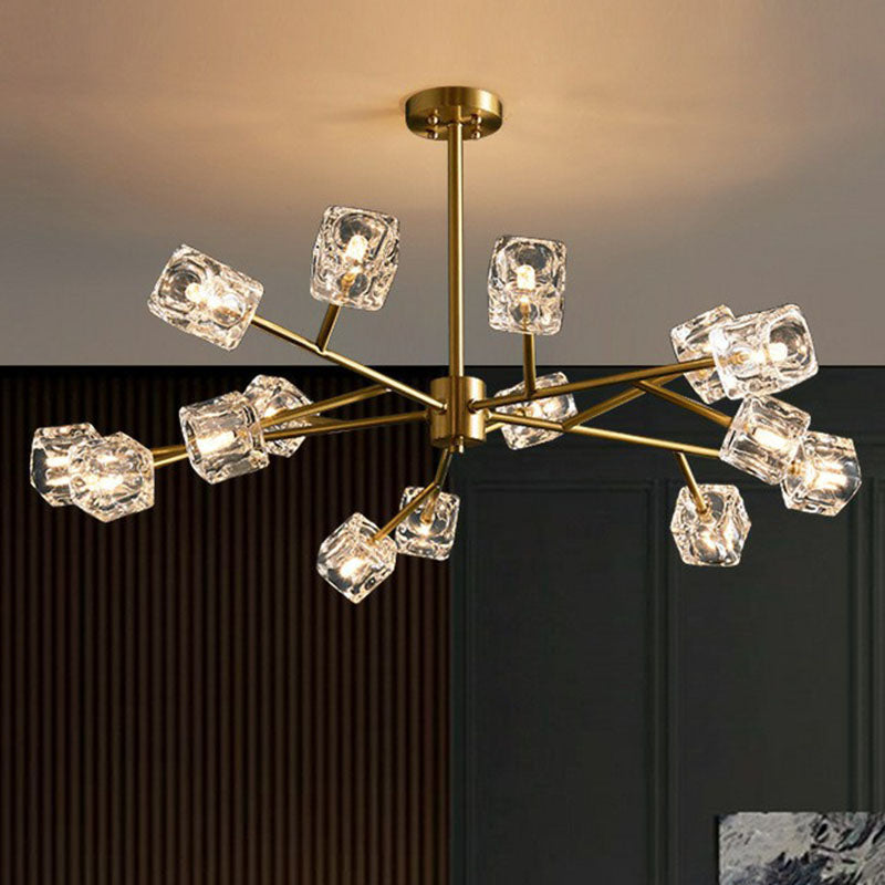 Post-Modern Branch Chandelier Lamp Clear Crystal Cube Living Room Suspension Light in Gold