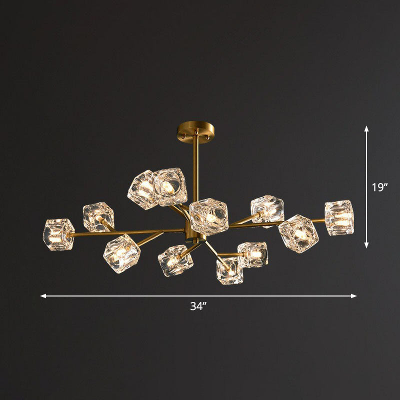Post-Modern Branch Chandelier Lamp Clear Crystal Cube Living Room Suspension Light in Gold