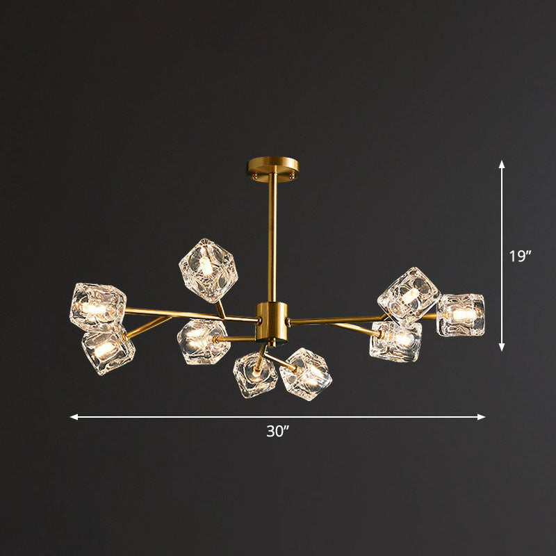 Post-Modern Branch Chandelier Lamp Clear Crystal Cube Living Room Suspension Light in Gold