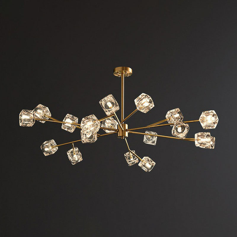 Post-Modern Branch Chandelier Lamp Clear Crystal Cube Living Room Suspension Light in Gold