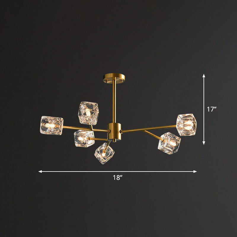 Post-Modern Branch Chandelier Lamp Clear Crystal Cube Living Room Suspension Light in Gold