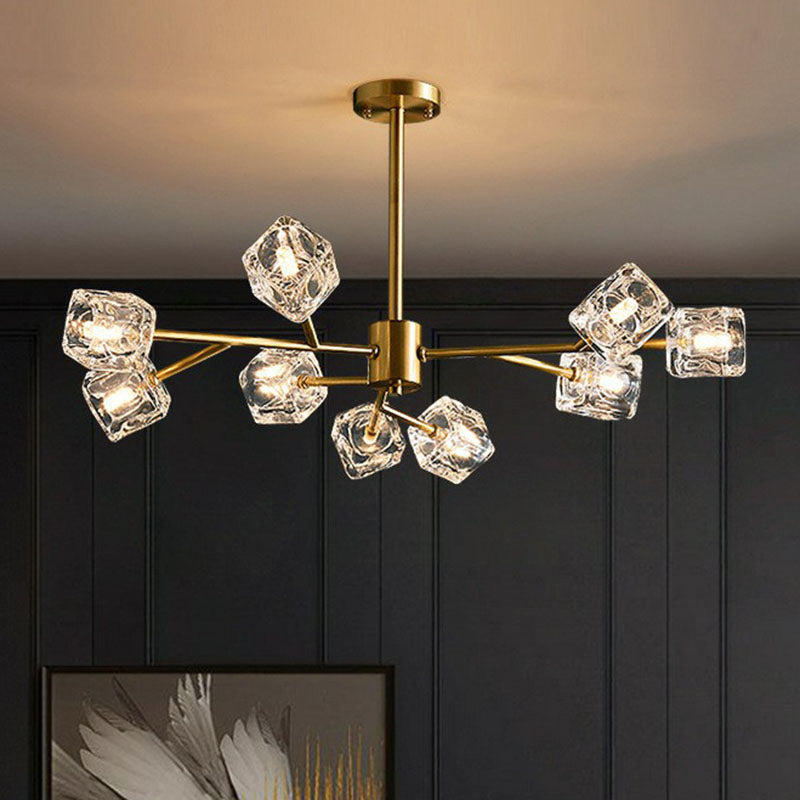 Post-Modern Branch Chandelier Lamp Clear Crystal Cube Living Room Suspension Light in Gold