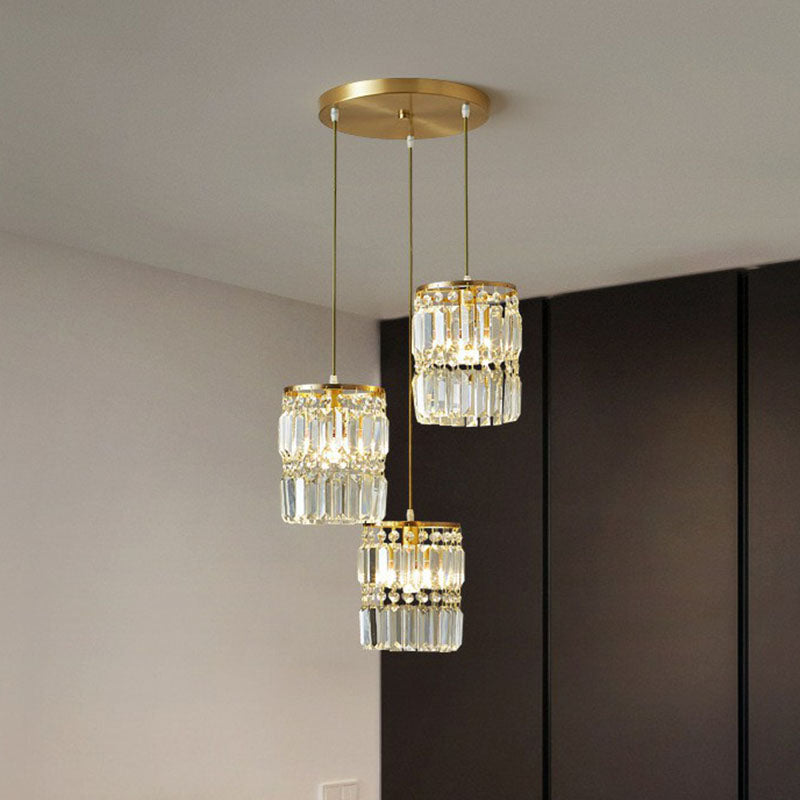 Cilinder kristalprisma's Multi-licht hanger Postmoderne 3-head goudhangende lampkit