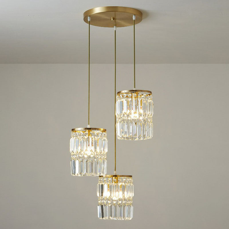 Cilinder kristalprisma's Multi-licht hanger Postmoderne 3-head goudhangende lampkit
