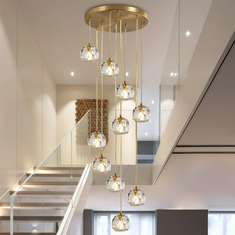 K9 Crystal Clusterkugel Anhänger Leichte postmoderne Gold Finish Hanging Lampe für Treppe