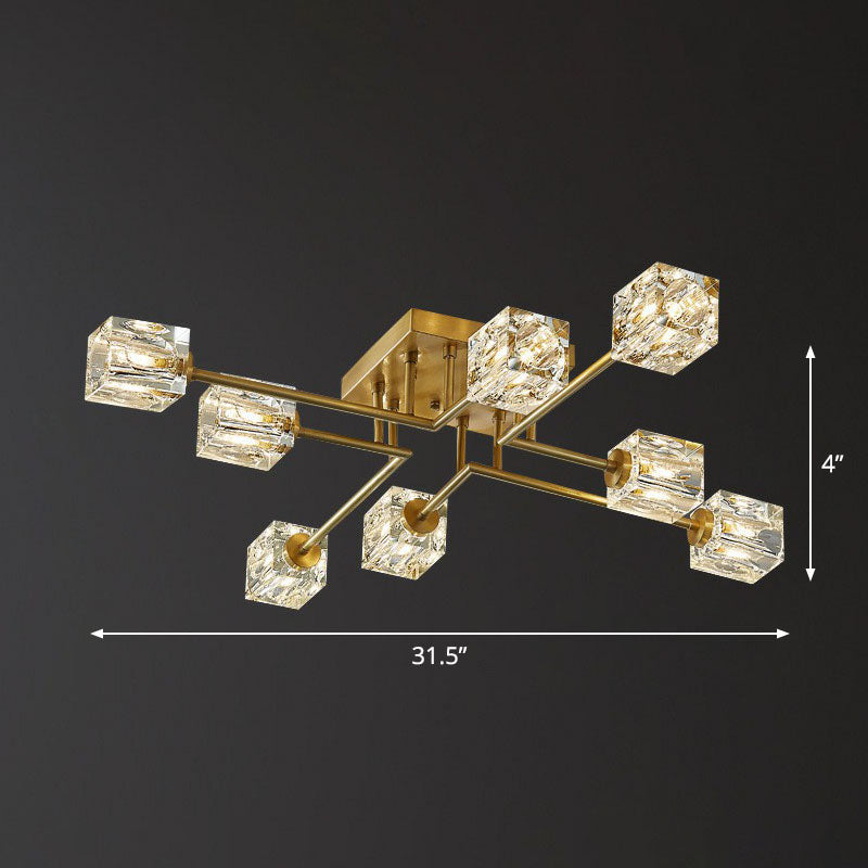 Lámpara de techo semiempotrada con acabado dorado posmoderno con forma de cubo de cristal cerca del techo