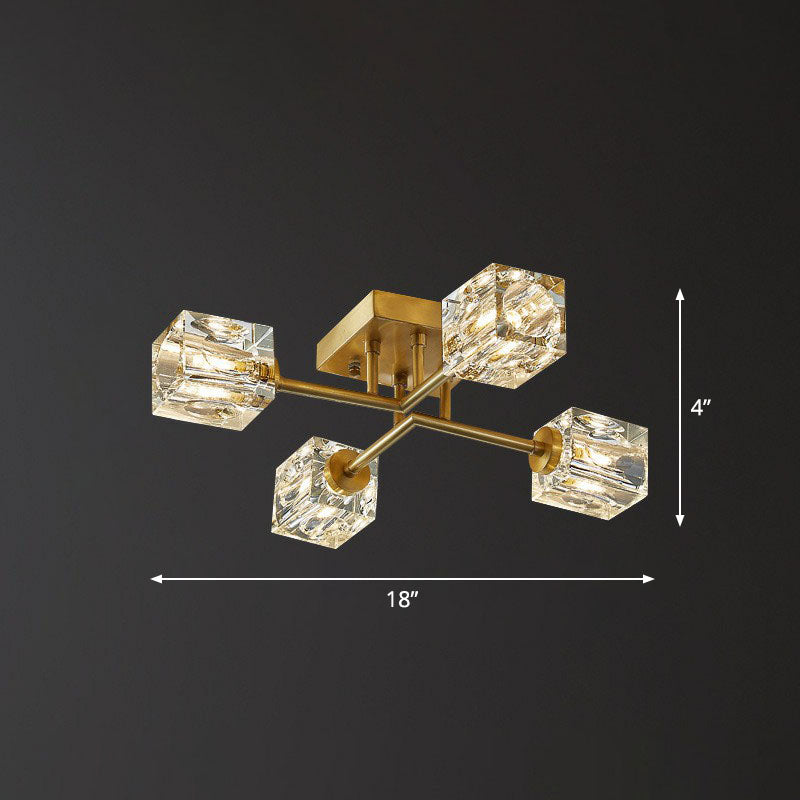 Lámpara de techo semiempotrada con acabado dorado posmoderno con forma de cubo de cristal cerca del techo