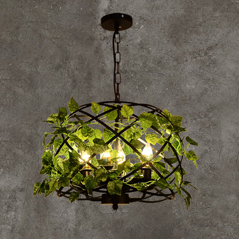 Single Suspension Lighting Retro Bird Nest Iron Pendant Ceiling Light with Decorative Ivy in Green