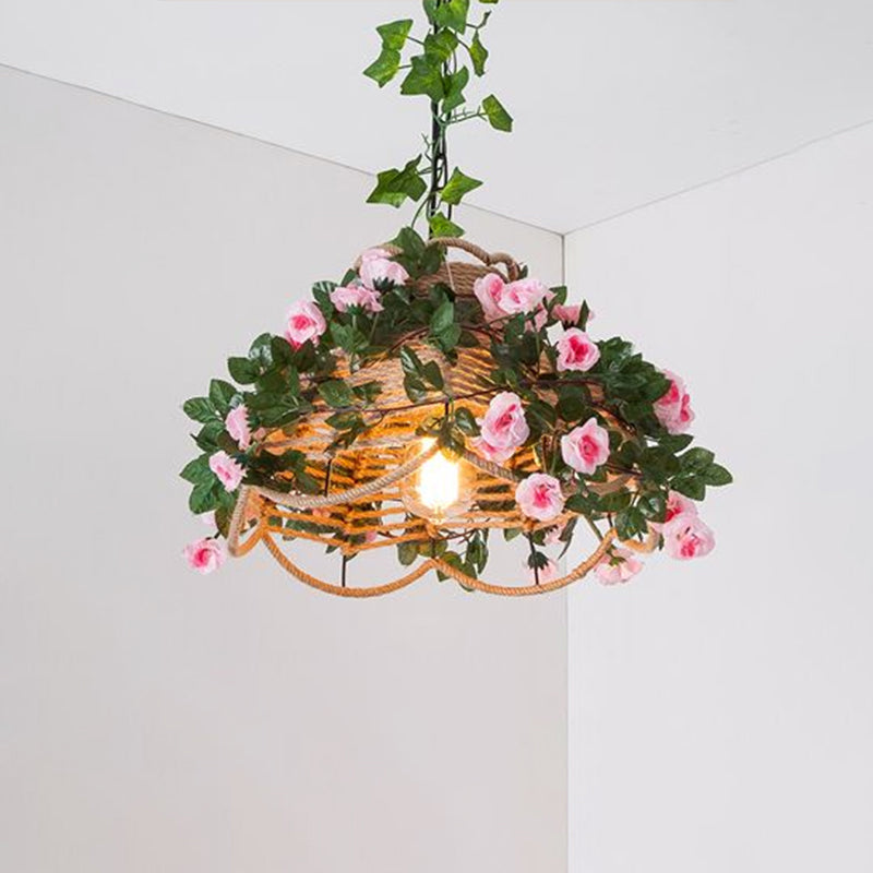 Scalloped Hemp Rope Pendant Light Antique 1-Light Restaurant Hanging Light with Decorative Rose in Green
