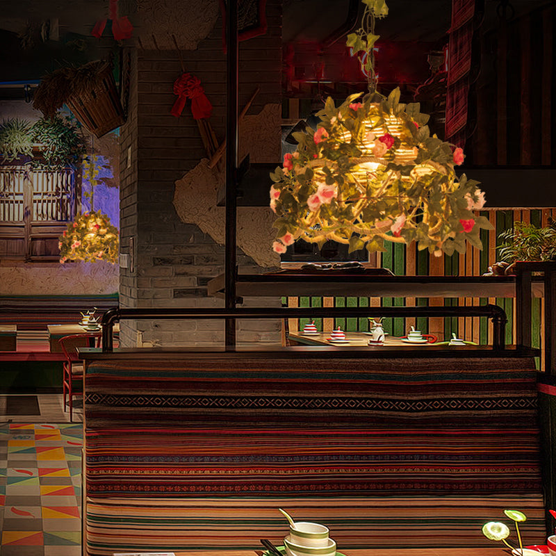 Scalloped Hemp Rope Pendant Light Antique 1-Light Restaurant Hanging Light with Decorative Rose in Green