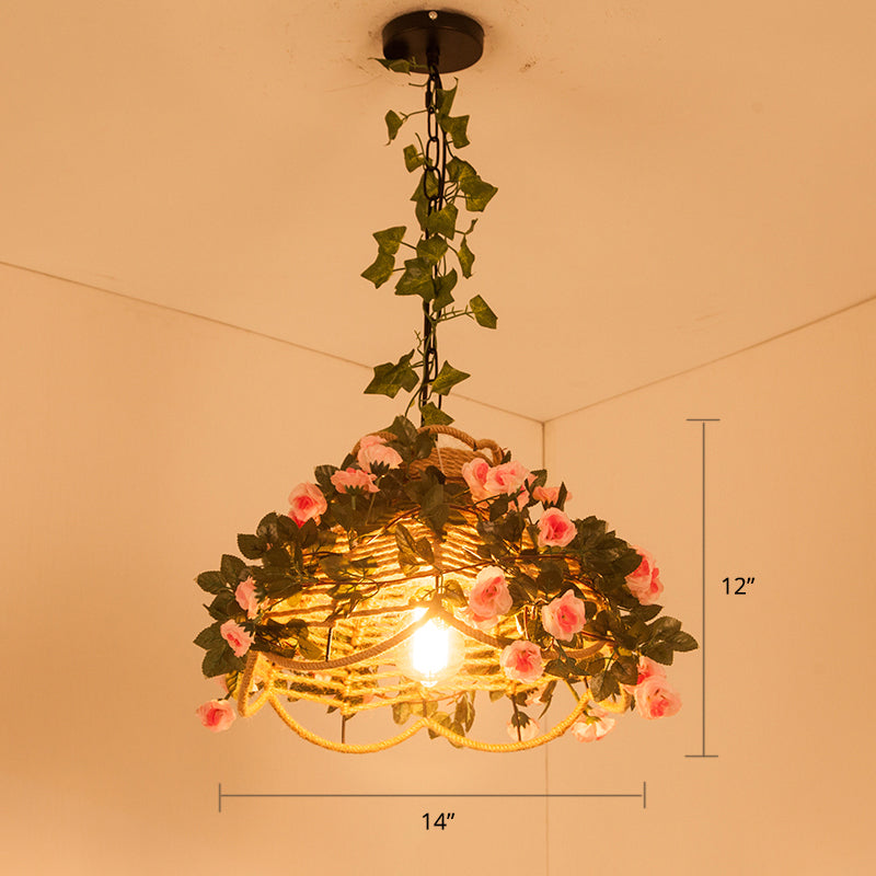 Scalloped Hemp Rope Pendant Light Antique 1-Light Restaurant Hanging Light with Decorative Rose in Green