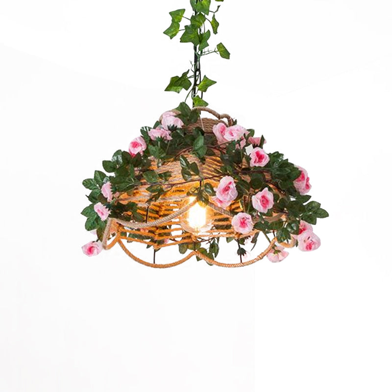 Scalloped Hemp Rope Pendant Light Antique 1-Light Restaurant Hanging Light with Decorative Rose in Green