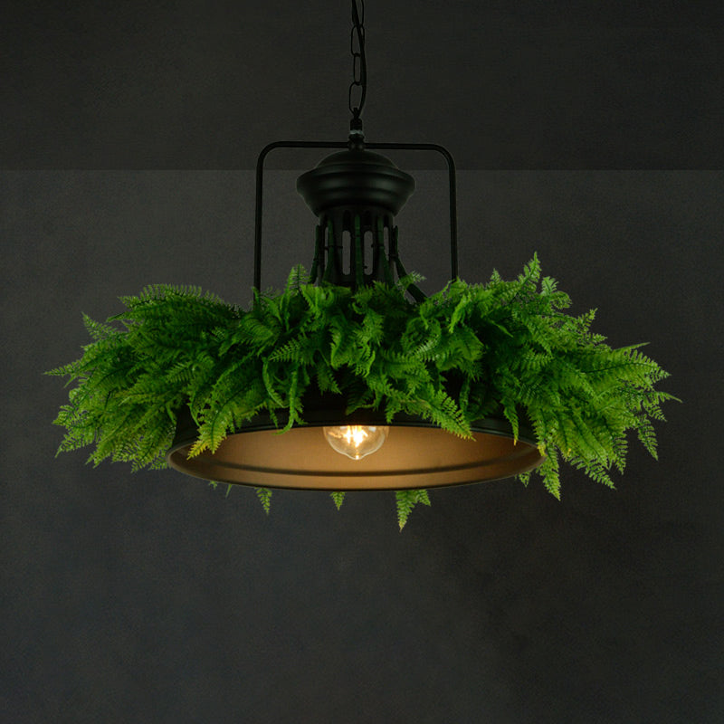 Antique Shaded Pendant Light 1-Light Metallic Hanging Light Fixture with Artificial Plant for Restaurant