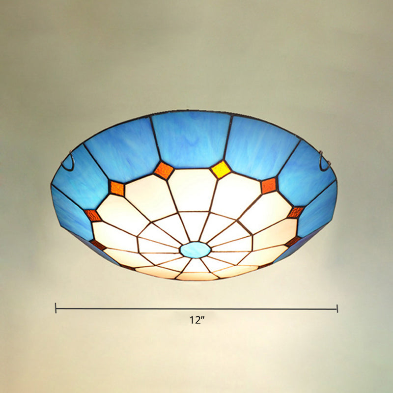 Bowl Flush Mount Lighting Mediterranean Gridded Glass Blue Ceiling Light Flush Mount