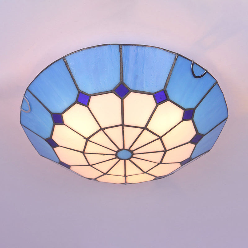 Tiffany Dome Shade Flush Mount Lighting Gridded Glass LED Flush Mount Fixture for Bedroom