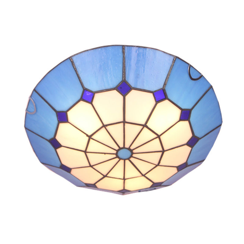 Tiffany Dome Shade Flush Mount Lighting Gridded Glass LED Flush Mount Fixture for Bedroom