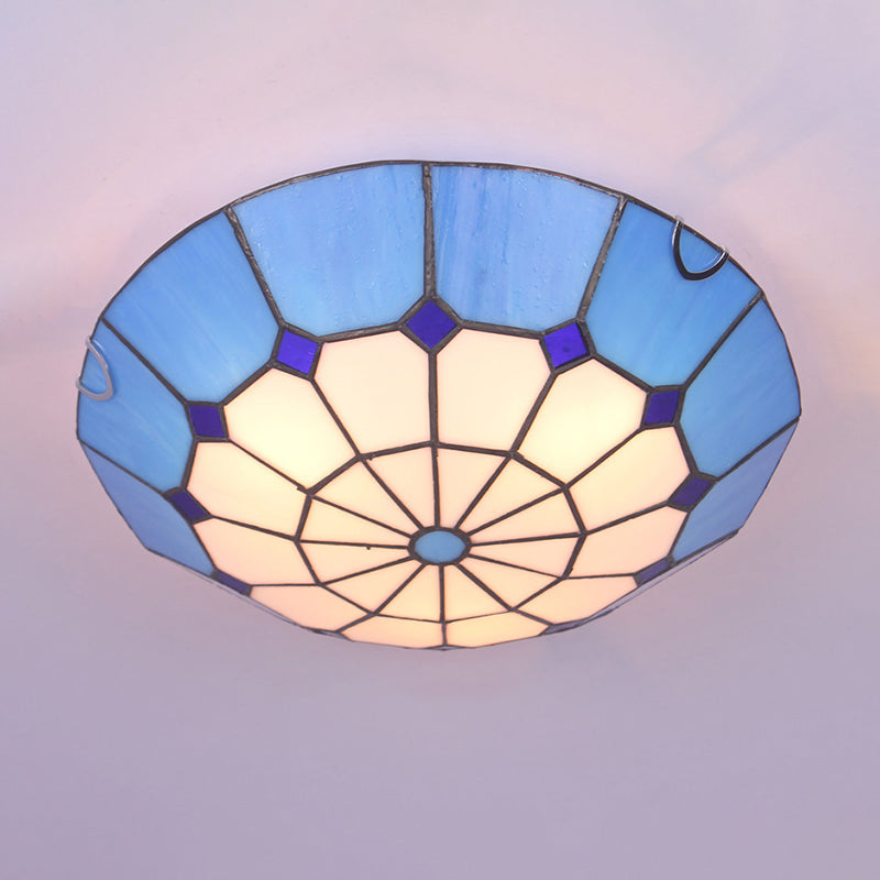 Tiffany Dome Shade Flush Mount Lighting Gridded Glass LED Flush Mount Fixture for Bedroom