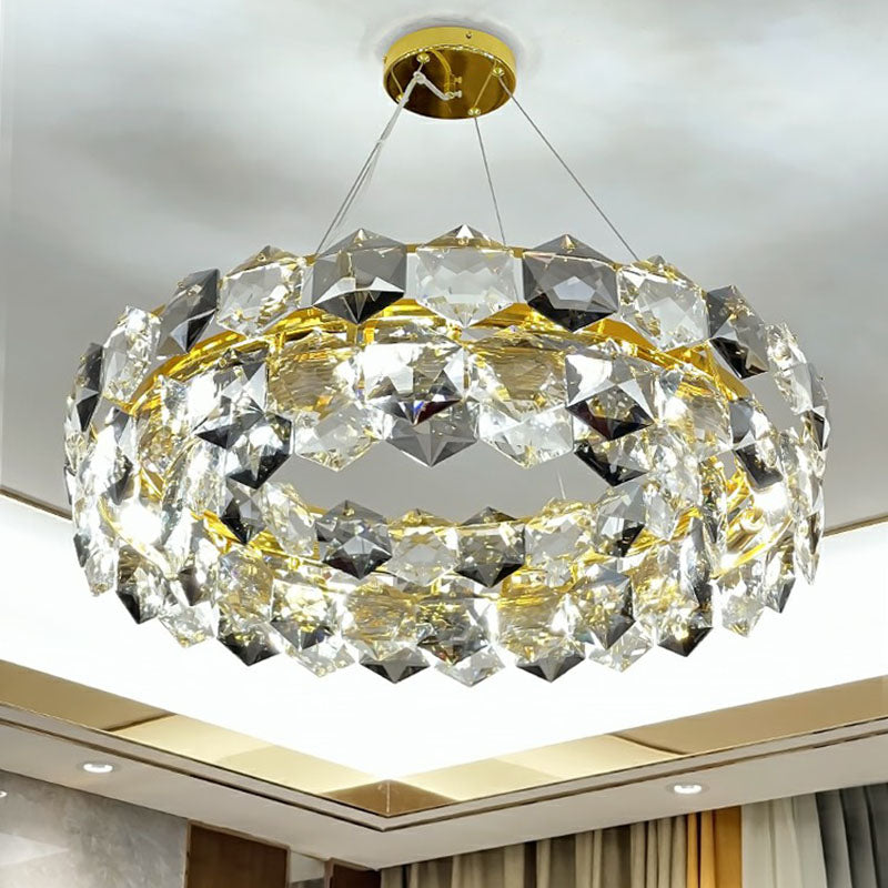 Post-Modern Round Suspension Light Hexagonal-Crystal Living Room Chandelier Lighting in Gold