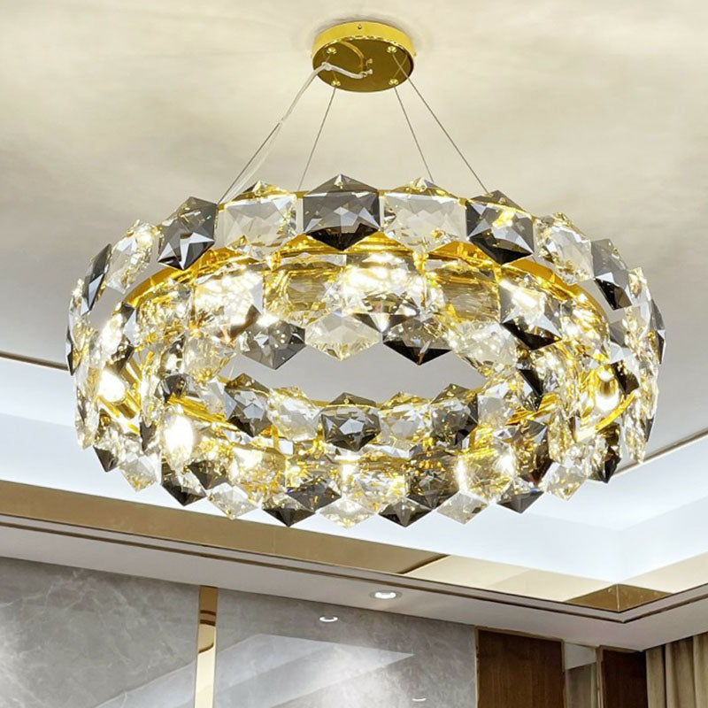 Post-Modern Round Suspension Light Hexagonal-Crystal Living Room Chandelier Lighting in Gold