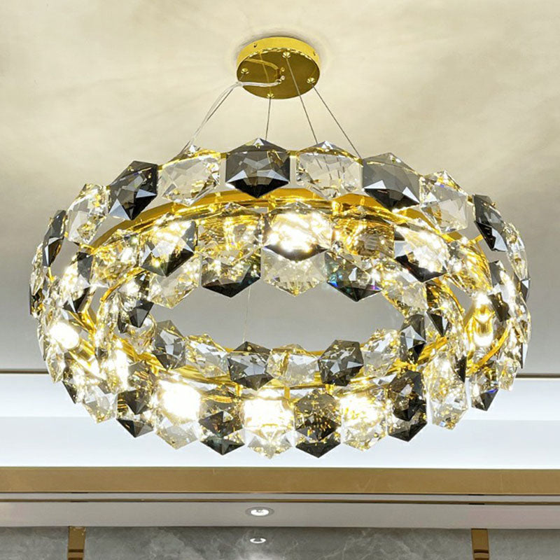 Post-Modern Round Suspension Light Hexagonal-Crystal Living Room Chandelier Lighting in Gold