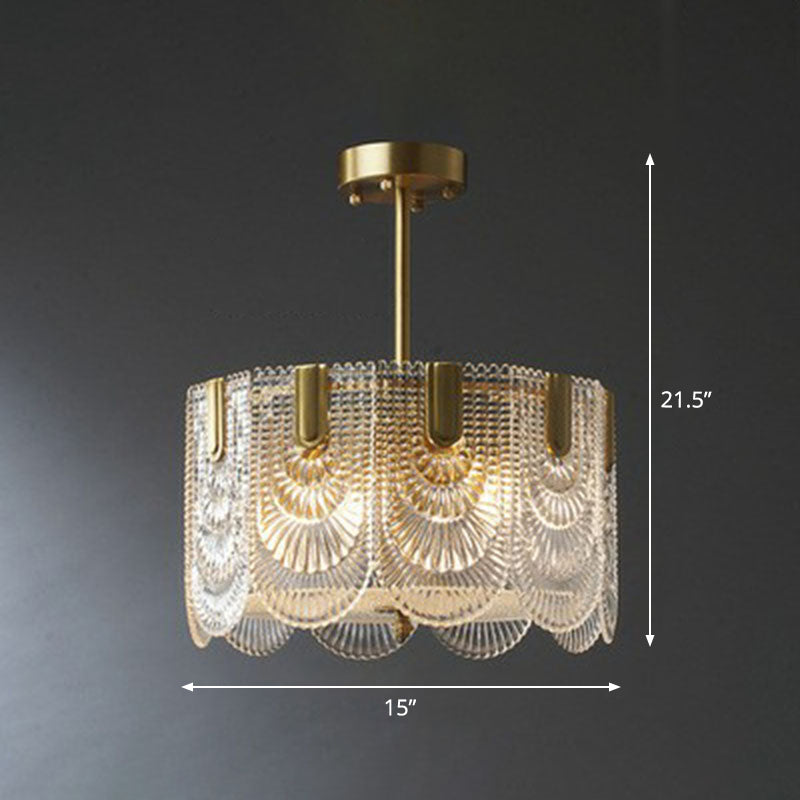 Ribbed Crystal Scalloped Round Chandelier Pendant Light Contemporary Brass Hanging Light