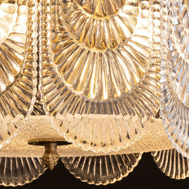 Ribbed Crystal Scalloped Round Chandelier Pendant Light Contemporary Brass Hanging Light