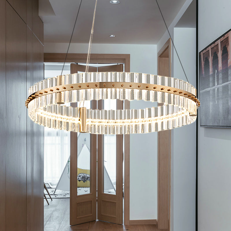 Minimalist Circular Clear Crystal Chandelier Lamp LED Golden Bedroom Pendant Light Kit