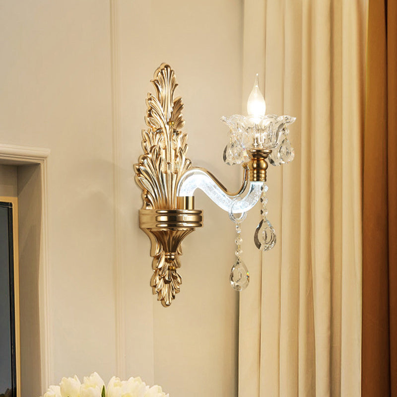 Floral Wall Sconce Modernist Style Clear Crystal 1/2-Light Gold Wall Light Fixture with Curved Arm for Living Room