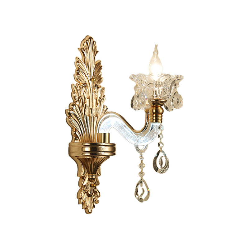 Floral Wall Sconce Modernist Style Clear Crystal 1/2-Light Gold Wall Light Fixture with Curved Arm for Living Room