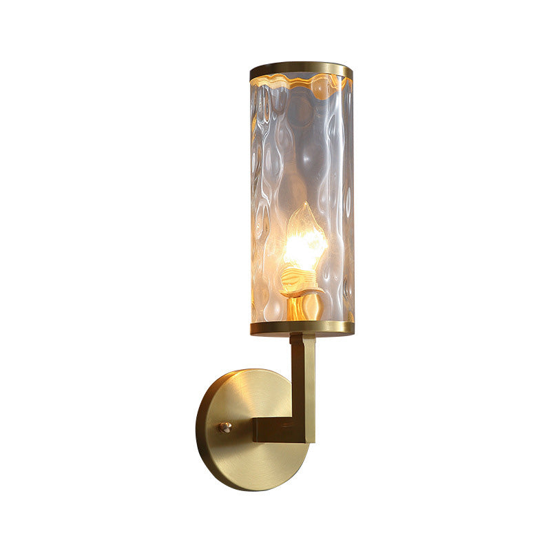 12"/16" Wide Cylindrical Sconce Lighting Modernist Clear Dimpled Glass 1 Bulb Brass Finish Wall Light